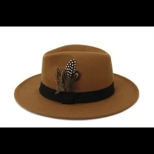 New Classic Unisex tan color Fedora with feather ribbon hat Accessories | New Classic Unisex Tan Color Color Fedora With  main image 4